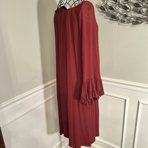 Uncle Frank Ivy Jane Red Rayon Crinkle Dress Size L Ruffle Bell Sleeve Peasant - Picture 8 of 10